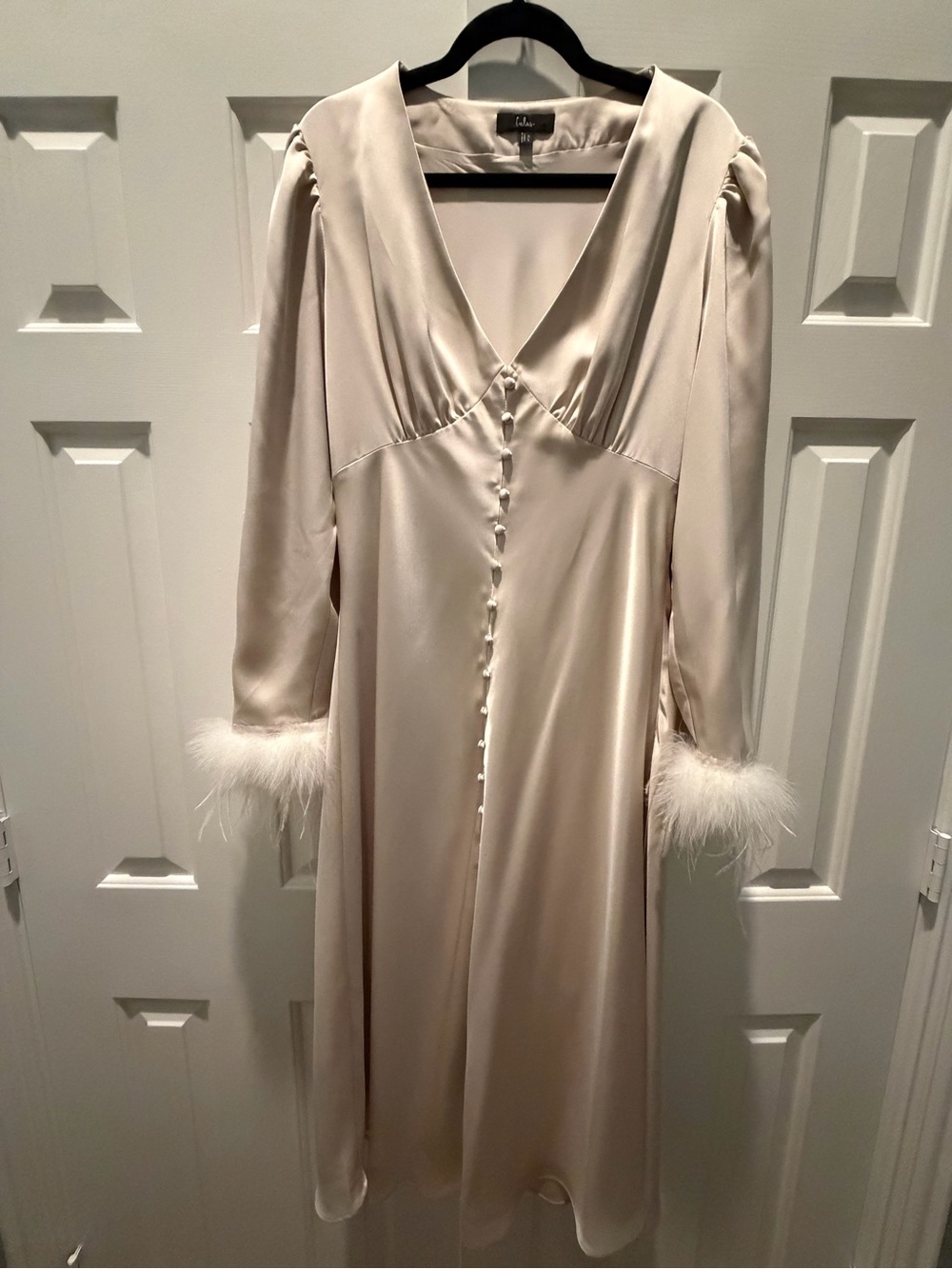 Champagne Satin Feather Long Sleeve Midi Dress